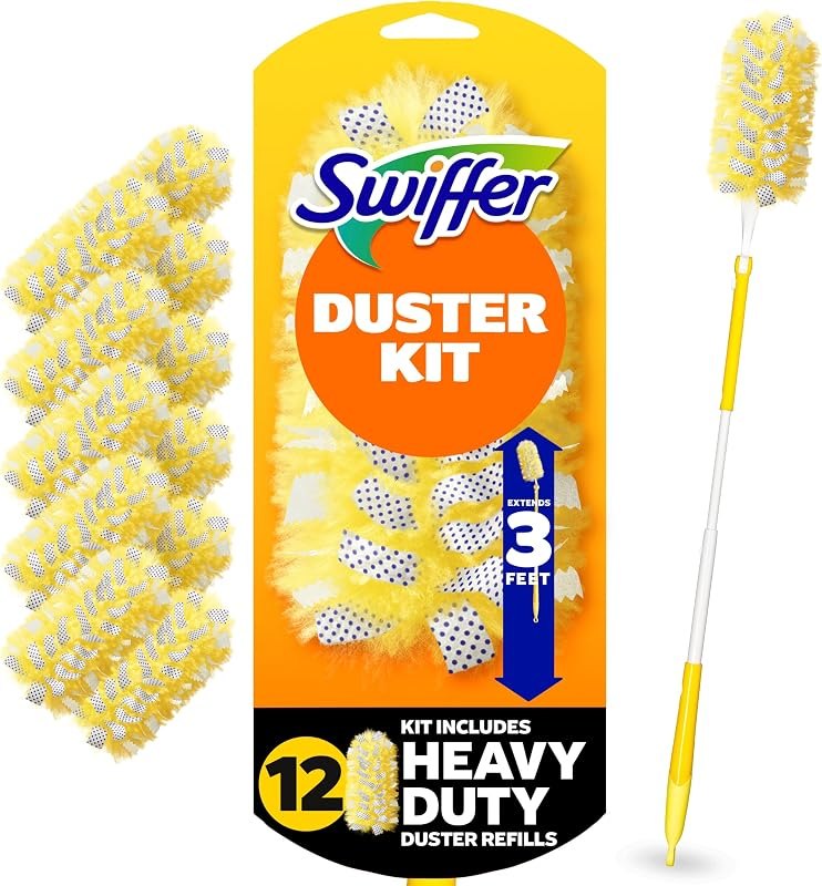 Swiffer Duster Kit with 3 ft Extendable Handle, Dusters for Cleaning, Set Includes 1 Extension Pole and 12 Heavy Duty