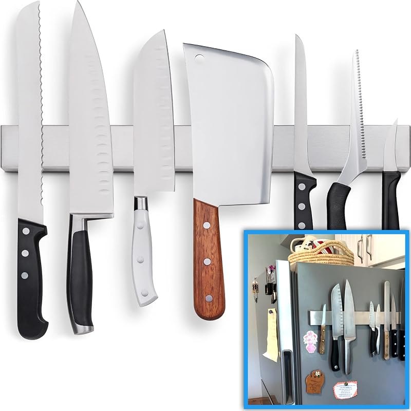 17" Premium Magnetic Knife Holder for Refrigerator (Double-Sided Heavy-Duty Magnets) - Upgraded Strip for Strong