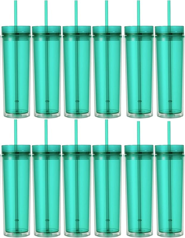 Set of 12 Double Wall Skinny Acrylic Tumblers 16 Oz, with Straws (Mint) — 16 oz skinny tumbler for skinny tumbler
