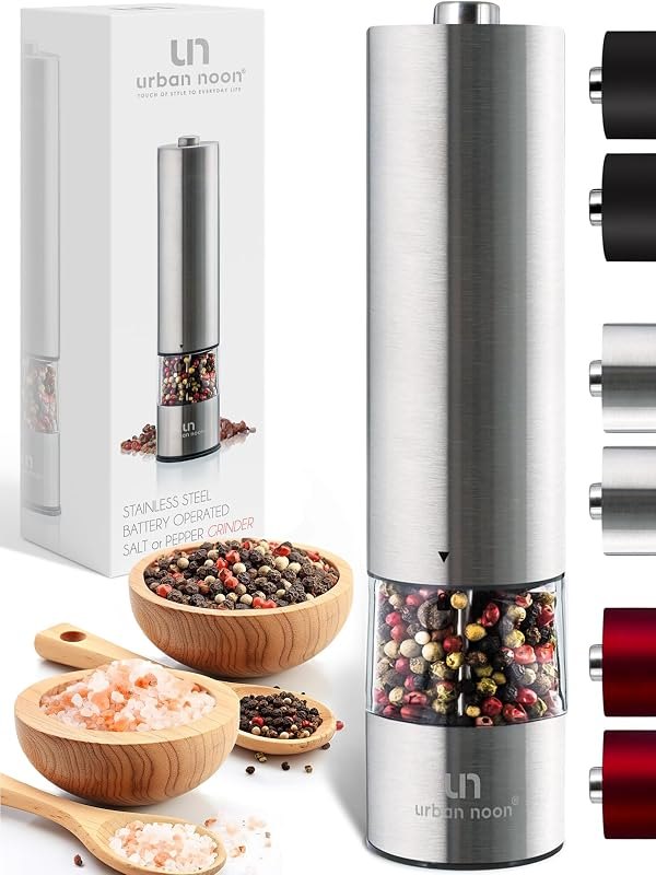 Electric Salt or Pepper Grinder (1 Mill, 8.1" Tall) - One-Handed Push-Button Mills with LED Light, Adjustable Ceramic