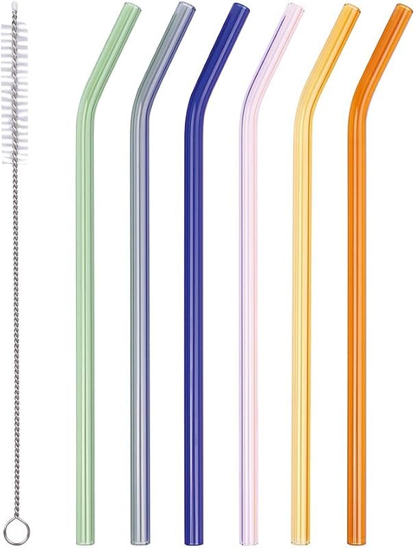 Reusable Glass Straws - 9" L x 8 mm W - Smoothie Drinking Straws for Smoothie, Milkshakes, Pack of 6 with 1 Cleaning