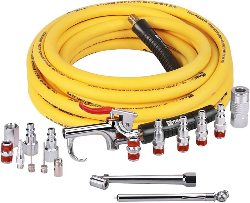 18pc Air Compressor Acc Kit, 3/8" x 25 ft Hybrid Hose with 1/4 NPT M Threads, Quick Connect Fittings, Air Blow Gun