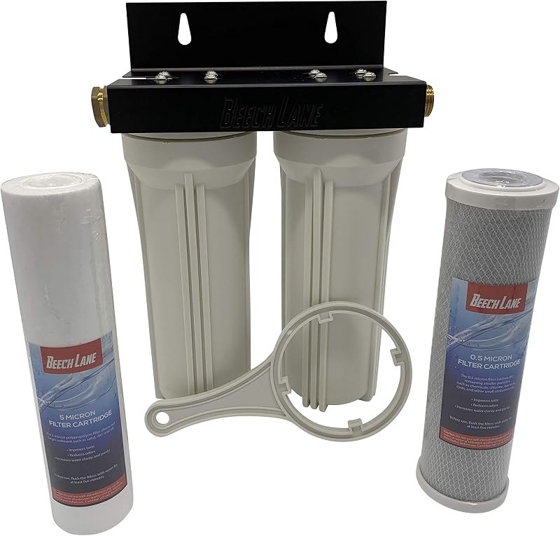 Beech Lane External RV Dual Water Filter System, Leak-Free Brass Fittings, Mounting Bracket and Two Filters Included