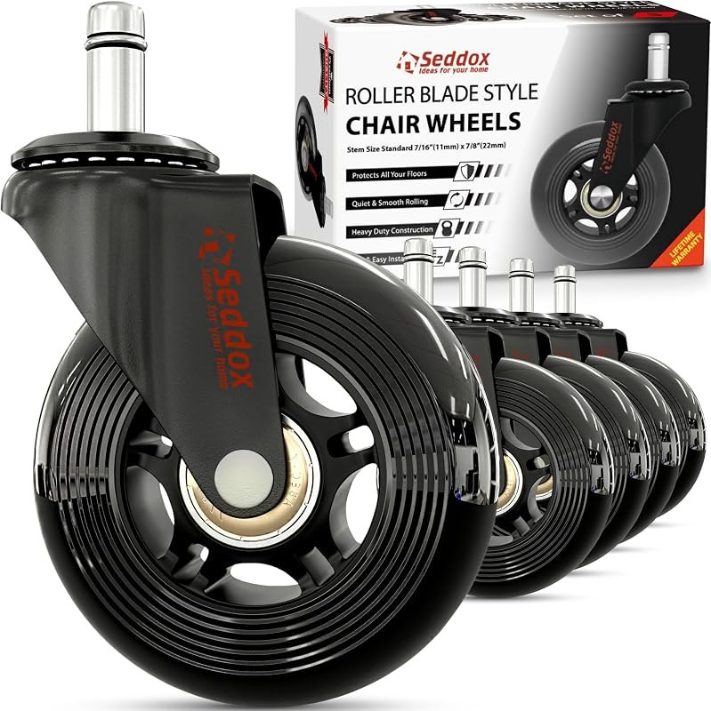 Office Chair Wheels Replacement Set - Soft Desk Chair Casters for Wood Hardwood Floors & Carpet - Heavy Duty & Safe