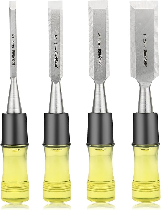 HURRICANE 4 Piece Wood Chisel Set for Woodworking. CR-V Steel Beveled Edge Blades with Safety Caps. Durable PVC High