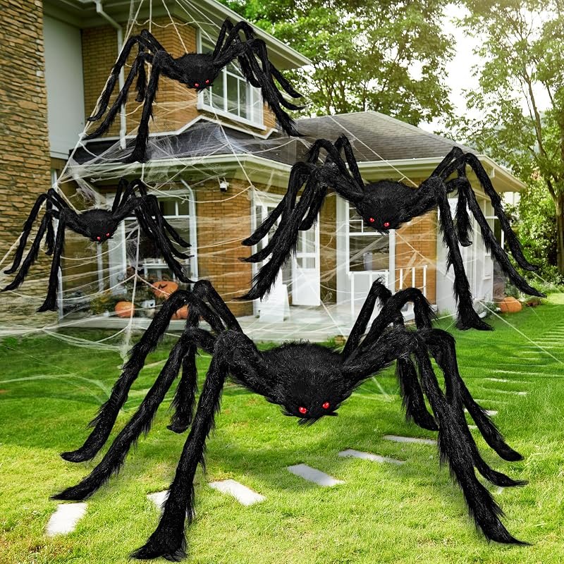 JOYIN 4 Packs Halloween Outdoor Decorations Spider Set, Scary Large Spiders for Halloween Decor Outside, Indoor Party