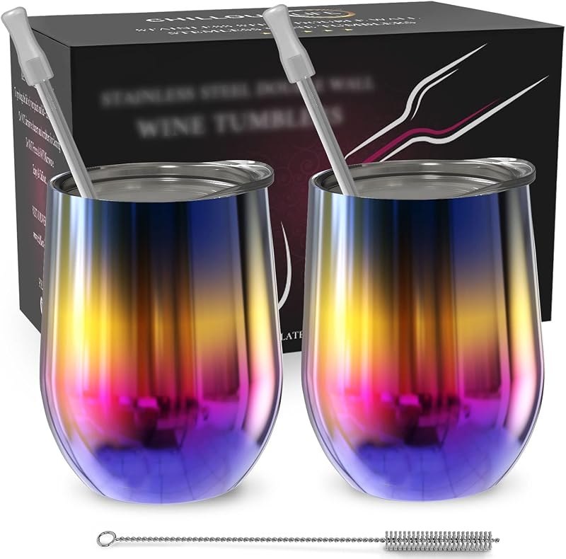 CHILLOUT LIFE 12 oz Stainless Steel Wine Tumblers 2 Pack - Double Wall Vacuum Insulated Wine Glasses Cups with Lids