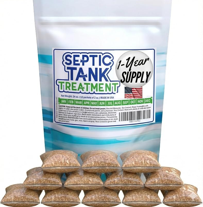 Septic Tank Treatment. 1 Year Supply. Safe Green Cultures and Enzymes Powder in Packets Avoid Bad Odors, Organic Clogs