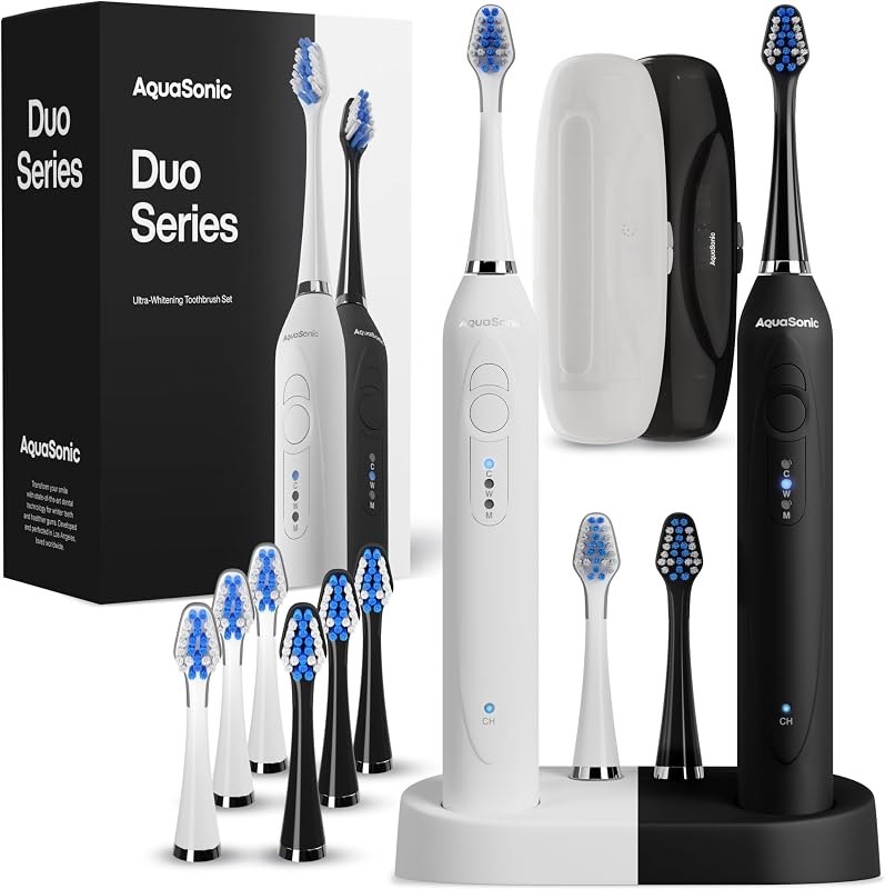 Aquasonic Duo - Dual Handle Ultra Whitening 40,000 VPM Wireless Charging Electric ToothBrushes - 3 Modes with Smart