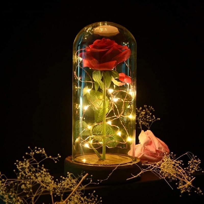 SW Preserved Rose Enchanted Rose Red Silk Rose in Glass Dome with LED Lights Pine Base, Romantic Home Decor Gifts for