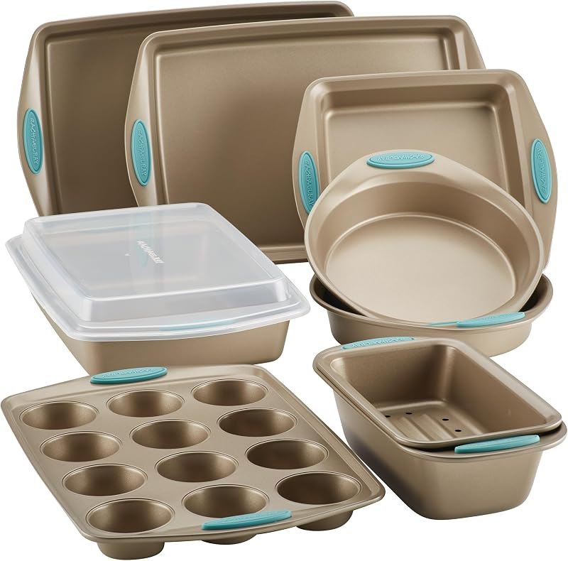 Rachael Ray 47578 Cucina Nonstick Bakeware Set with Grips Includes Nonstick Bread Pan, Baking Sheet, Cookie Sheet
