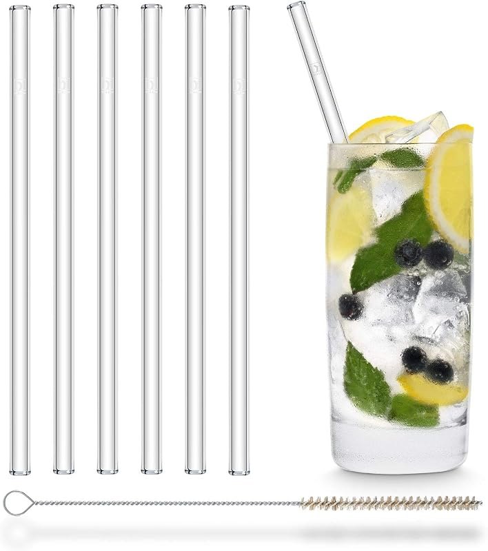 Halm Glass Straws - 6x Reusable 8 inch Drinking Straws clear + Plastic-Free Cleaning Brush - Made in Germany -