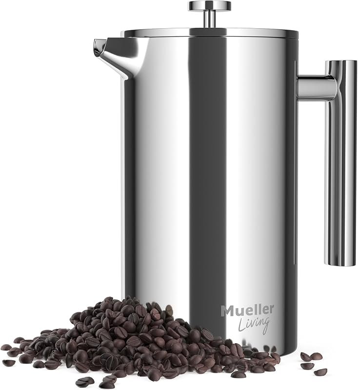 MuellerLiving French Press Coffee Maker 34oz, Stainless Steel French Press Coffee, 4 Filter Heat Resistant Double