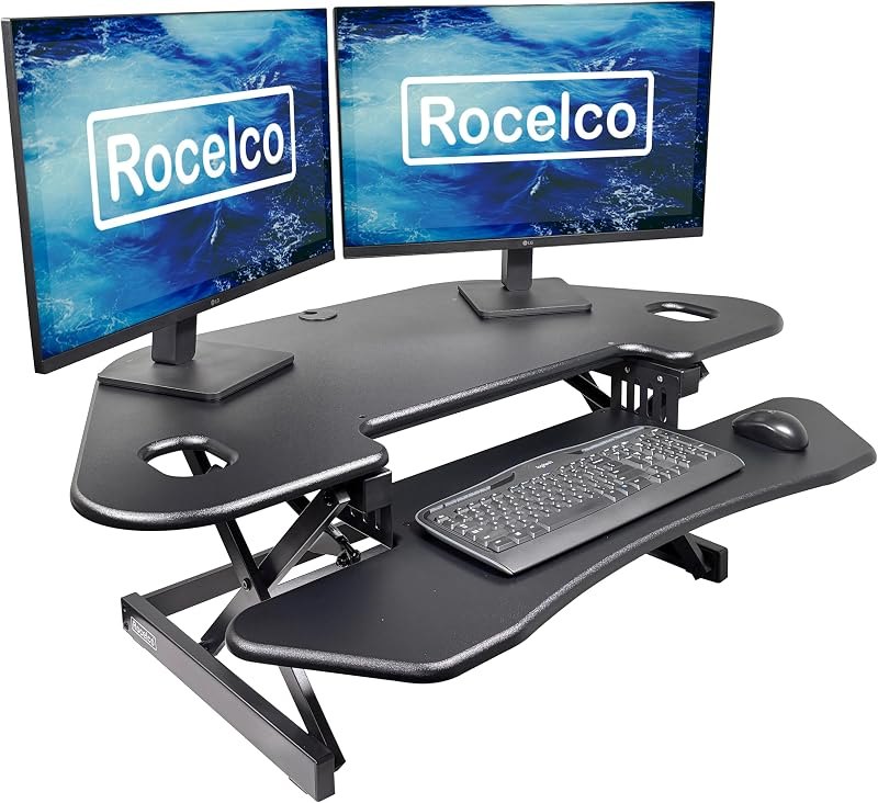 46" Height Adjustable Corner Standing Desk Converter - Quick Sit Stand Up Dual Monitor Riser - Gas Spring Assist