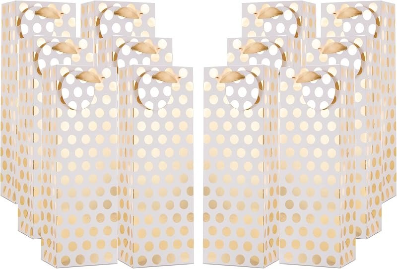UNIQOOO 12Pcs Metallic Gold Christmas Champagne Wine Gift Bag Bulk with Tag, Gold Polka Dots Single Bottle Holiday