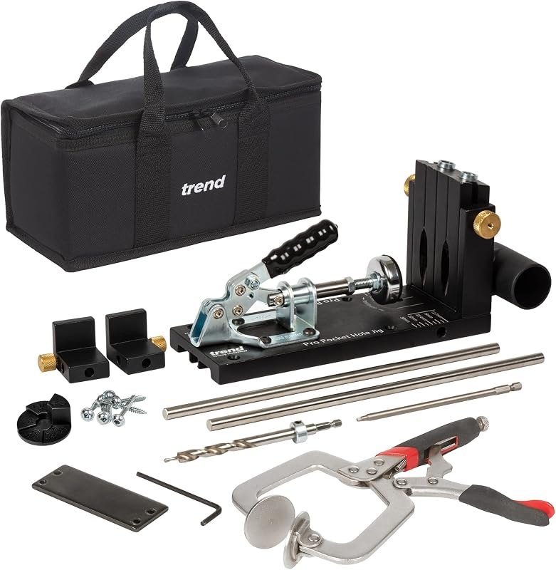 Trend Pocket Hole Jig Kit with Dual Column Jig, Face Clamp, HSS Drill Bit & Depth Setting Collar, 2 Square Bit Drives
