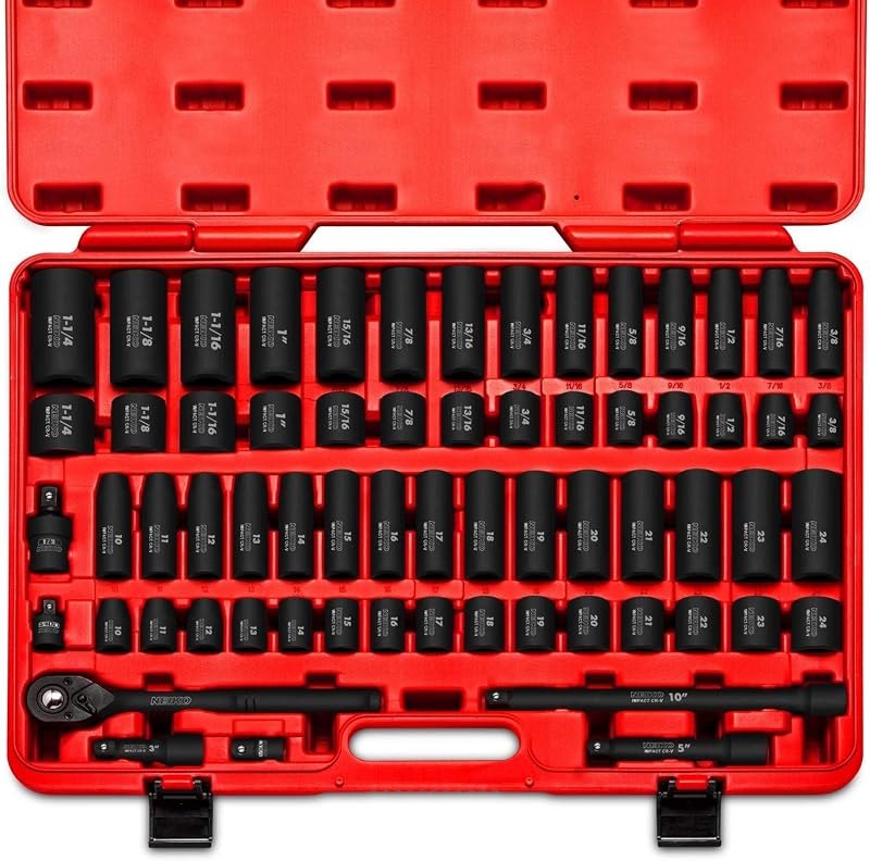 NEIKO 02448A 1/2" Drive Master Impact Socket Set, 65 Piece, Standard SAE (3/8"-1-1/4") & Metric (10-24 mm) Sizes, Deep