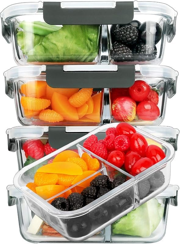 M MCIRCO 5 Pack,36 oz, 3 Compartments Glass Meal Prep Containers with Lids — 3 compartment meal prep containers for