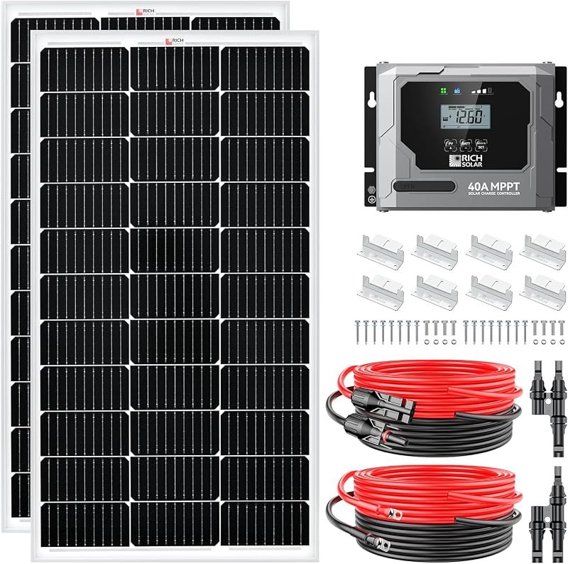 RICH SOLAR 200 Watt 12 Volt Monocrystalline Solar Starter 40A MPPT Charge Controller/Mounting Z Brackets/Tray