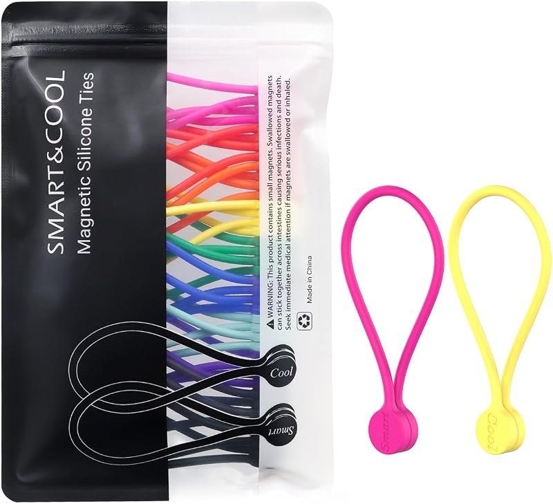 SMART&COOL Reusable Silicone Magnetic Cable Ties, Multicolored, 20-Pack — best magnetic cable organizer for magnetic
