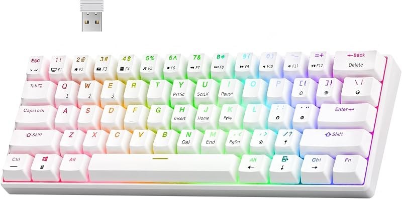 RK ROYAL KLUDGE RK61 Wireless Mechanical Keyboard with Coiled Cable, White — 60 percent mechanical keyboard for