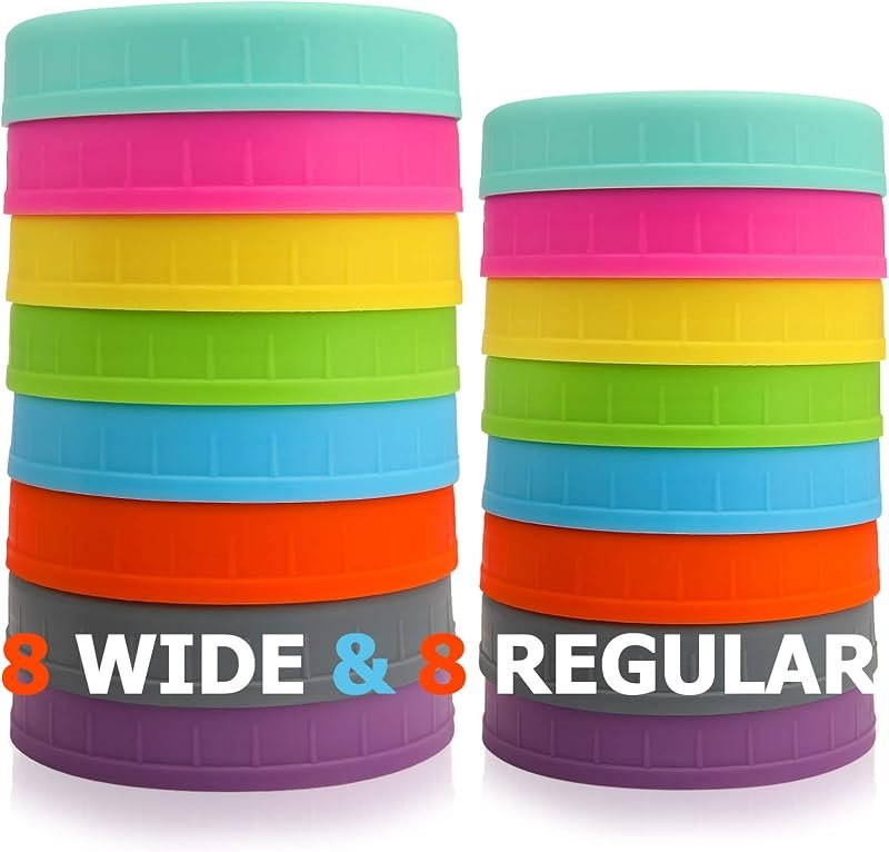 AOZITA [16 Pack] Colored Plastic Mason Jar Lids Fits Ball, Kerr & More - 8 Wide Mouth & 8 Regular Mouth - Storage Caps