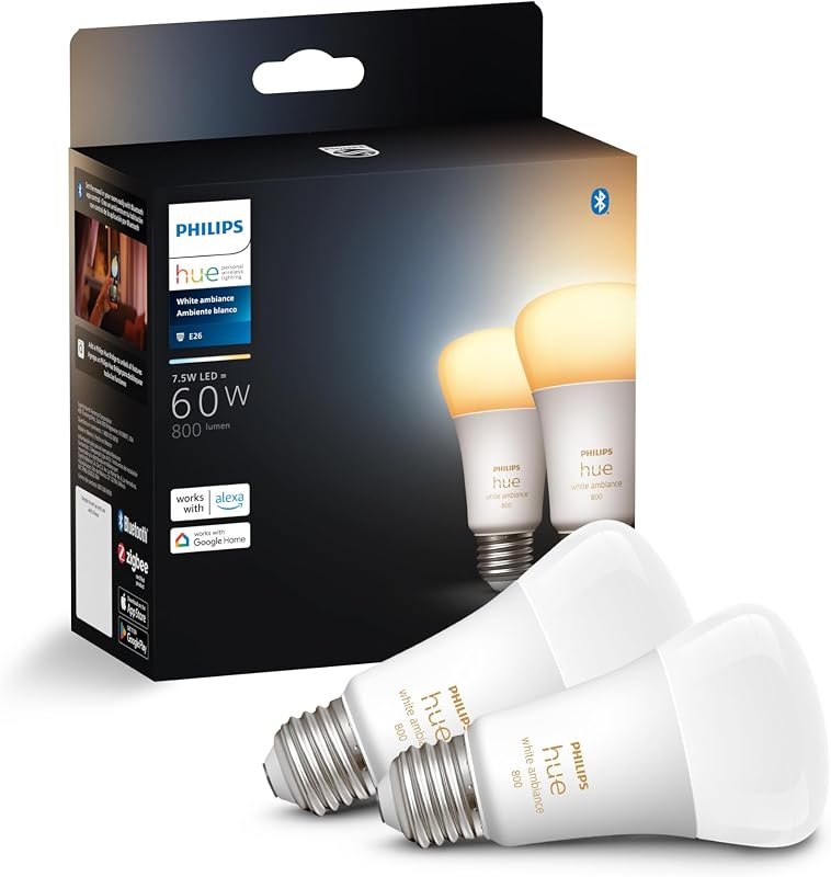 Philips Hue Smart 60W A19 LED Bulb - White Ambiance Warm-to-Cool White Light - 2 Pack - 800LM - E26 - Indoor - Control