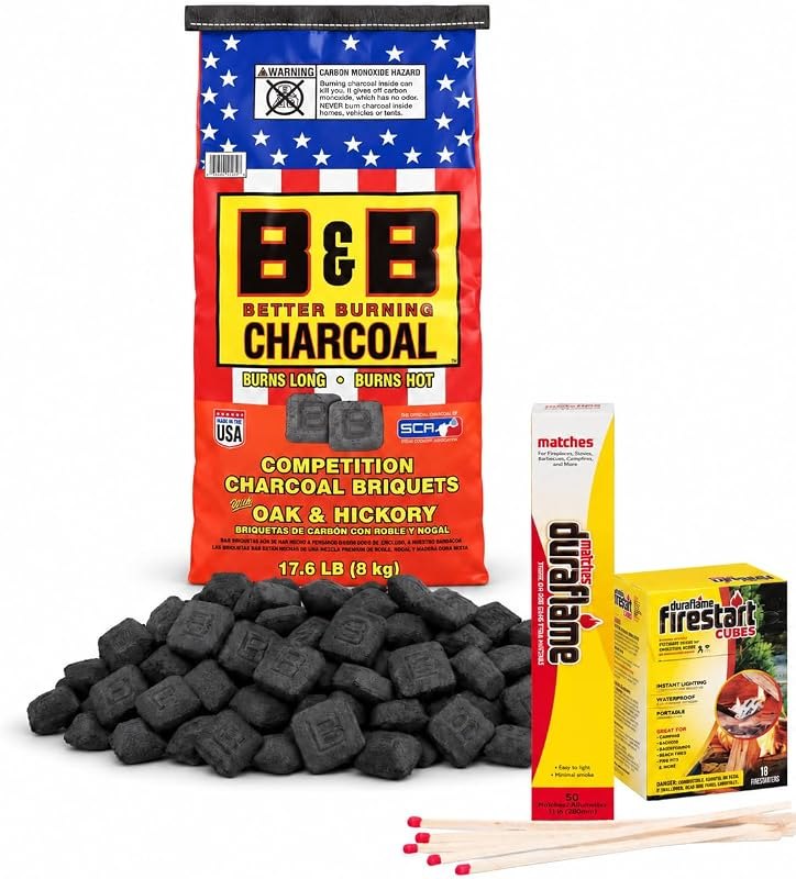 B&B Charcoal Competition Charcoal Briquets Oak & Hickory, 17.6 lb Bag with Duraflame Firestart Cubes 18 Count and 50