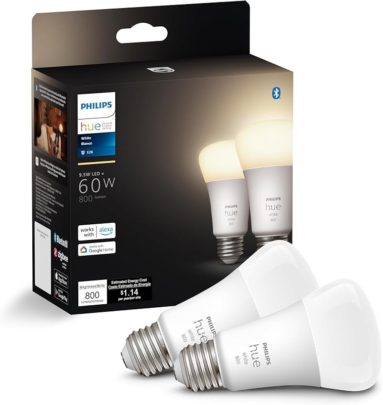 Philips Hue Smart 60W A19 LED Bulb - Soft Warm White Light - 2 Pack - 800LM - E26 - Indoor - Control with Hue App -