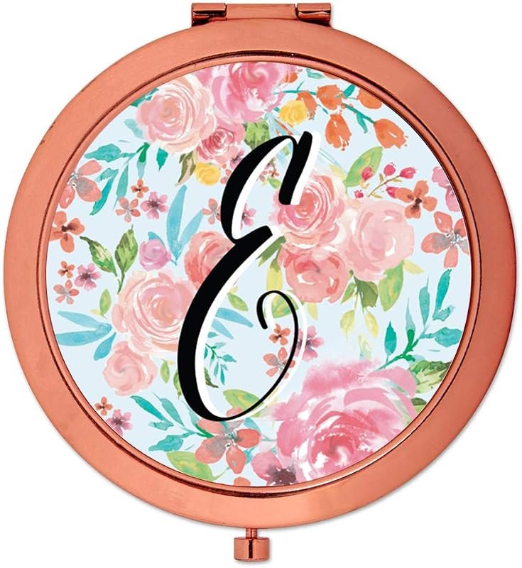 Compact Mirror Bridesmaid's Wedding Gift, Rose Gold, Monogram Letter E, Tea Party Pink Floral Flowers, 1-Pack