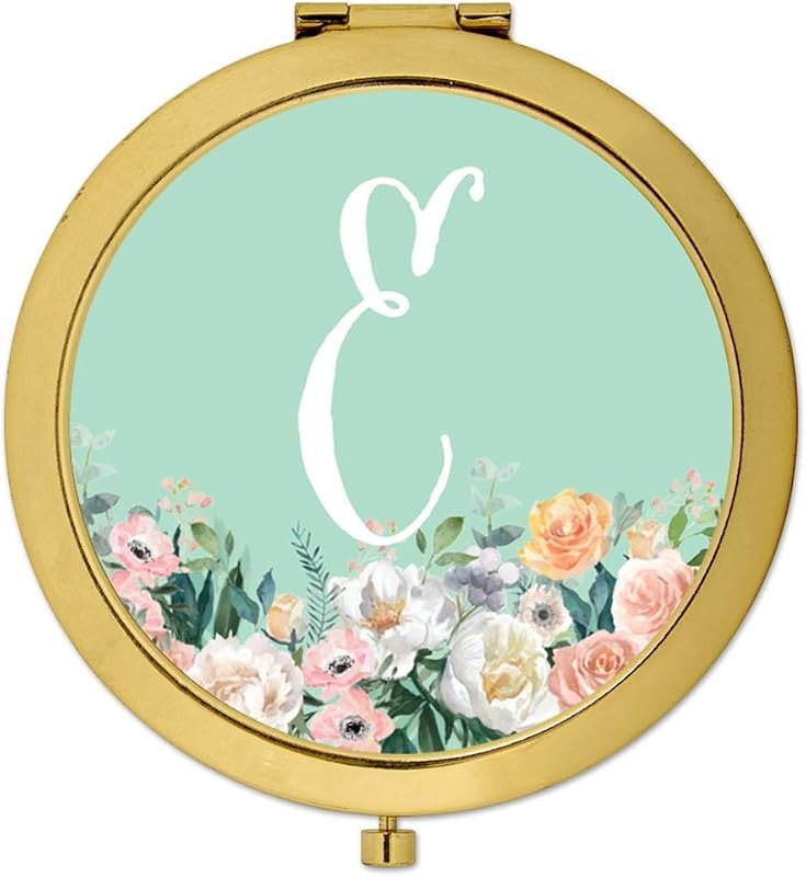 Gold Compact Mirror Bridesmaid's Wedding Gift, Peach Flower Florals on Mint Green, Monogram Letter E, 1-Pack