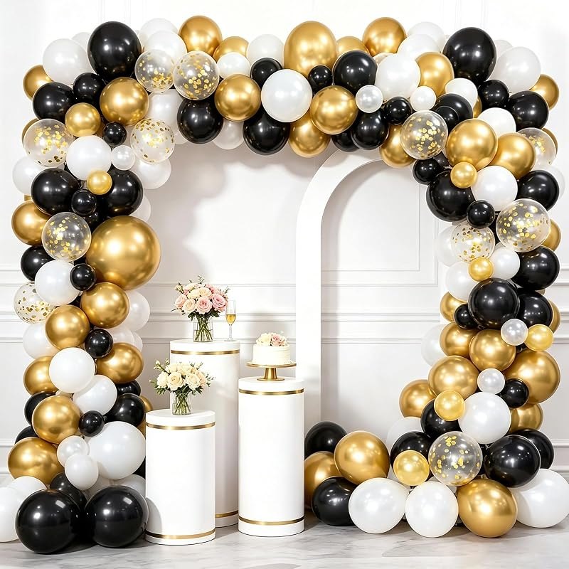 Whaline Black and Gold Balloons Garland Arch Kit 120Pcs 2026 Graduation Black White Metallic Gold Confetti Latex