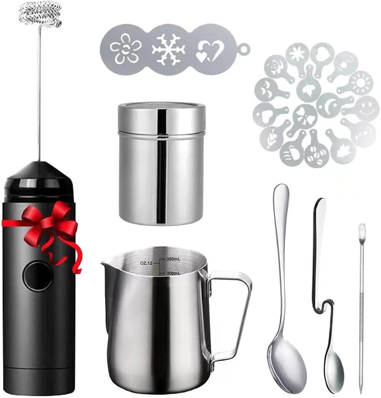 Milk Frother Handheld Art Set - with Milk Frother Pitcher, Powder Cocoa Shaker, Latte Art Pen, Coffee Stencils, Coffee