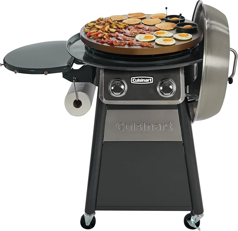 Cuisinart 360° Griddle Outdoor Cooking Center, 22” Round Flat Top Grill with Stainless Steel Vented Lid, Folding Prep