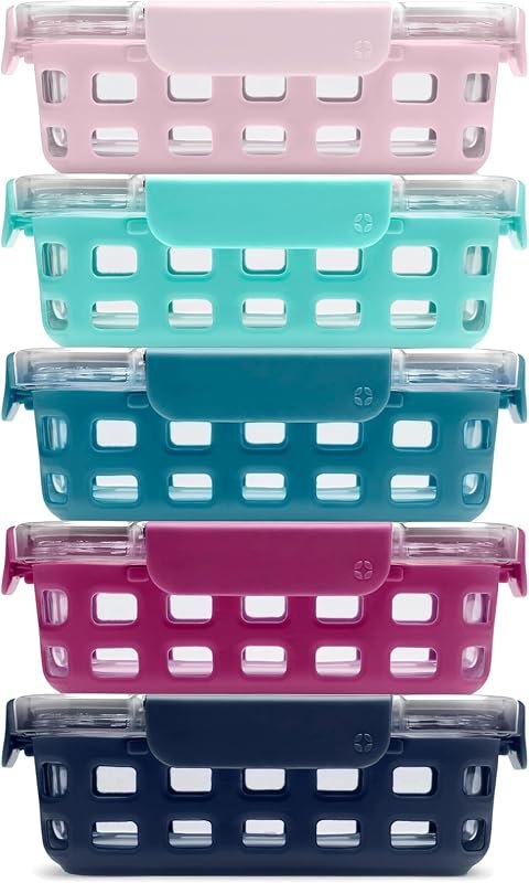 Ello Duraglass 3.4 Cup Glass Meal Prep Containers, 10 Pc, 5 Pack, Orchard — 3 compartment meal prep containers for