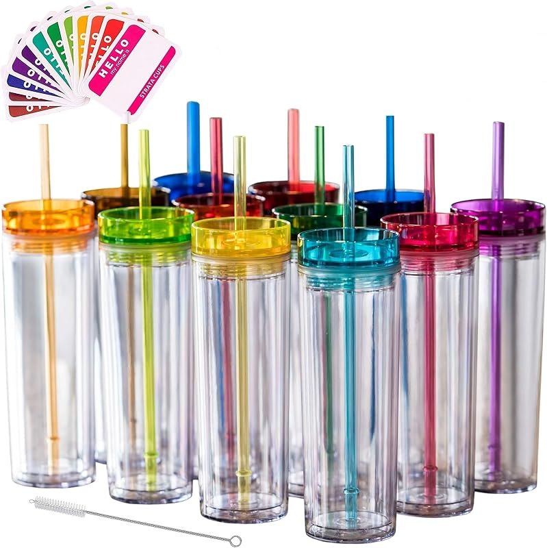 STRATA CUPS 24 Colored Skinny Tumblers with Lids and Straws