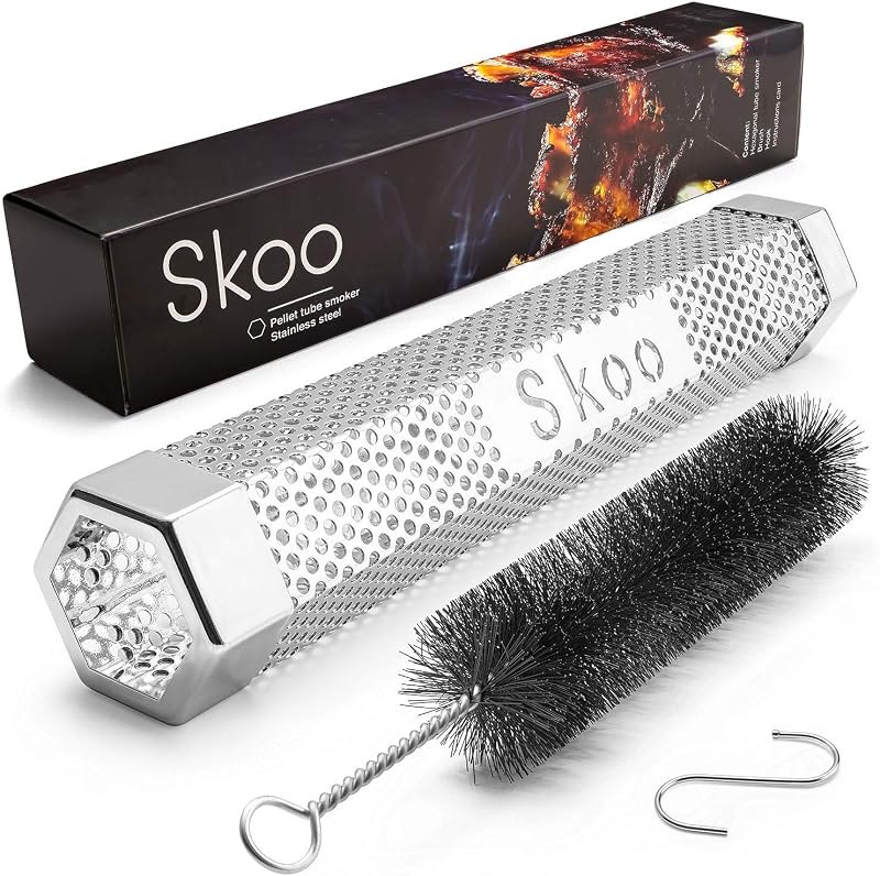 Skoo Pellet Smoker - BBQ Hexagonal Smoking Tube + Brush + Hook + Free EBook + Digital User Guide - 5 Hours of