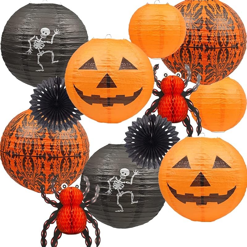 UNIQOOO 12Pcs Halloween Hanging Decorations Paper Lanterns, Jack-O'-Lantern Spider Skeleton Pumpkin for Indoor &