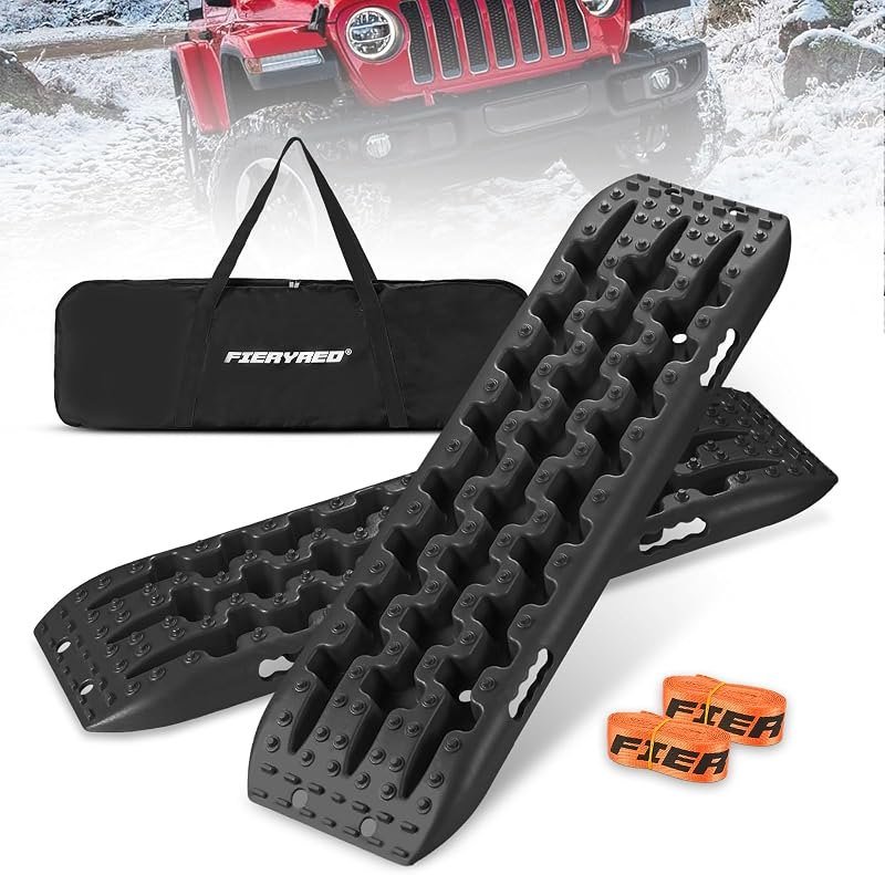 FieryRed Traction Boards Offroad, Recovery Boards with 2 Leashes and Carry Bag, 2Pcs Traction Mat Recovery Tracks for