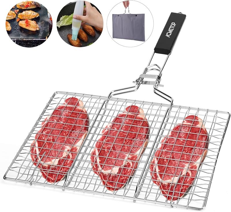 Portable BBQ Grill Basket Stainless Steel Fish Grill Basket with Removable Handle, Grill Accessories for Outdoor Grill