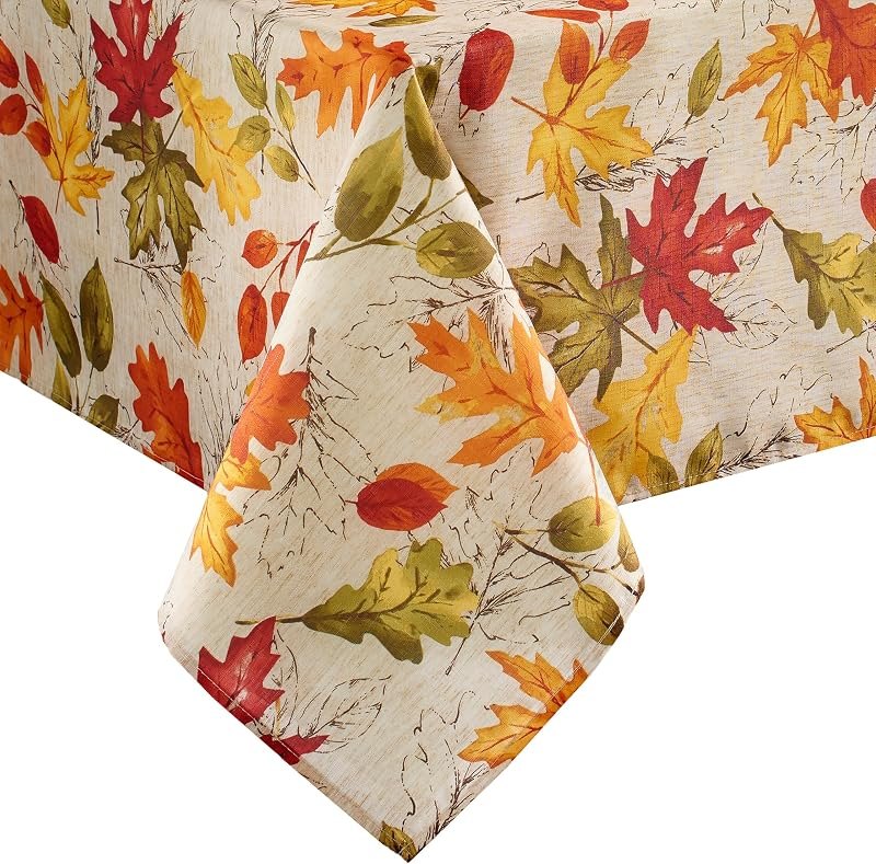 Threadmade Autumn Leaves Fall Printed Tablecloth, Multicolor - 52" W x 52" L Square — Thanksgiving Table Linen Set for