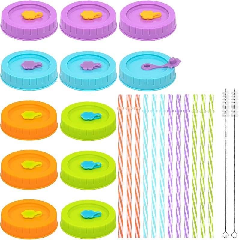 REGULAR Mouth Mason Jar Lids for Ball, Kerr, etc with Straw Hole/Straws/Silicone Stoppers/Rings/Clean Brush, BPA Free