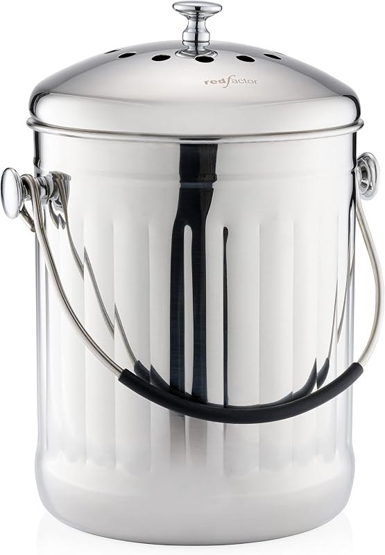 RED FACTOR Premium Compost Bin for Kitchen Countertop - Stainless Steel Food Waste Bucket with Innovative Dual Filter