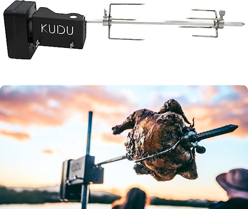 KUDU Rotisserie Kit - Stainless Steel Battery Powered Square Spit for Charcoal Grill 5/16 Inch Square Drive Spit —