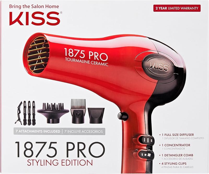 Kiss 1875 Watt Pro Tourmaline Ceramic Hair Dryer, Styling Edition, 3 Heat Settings, 2 Speed Settings, Cool Shot