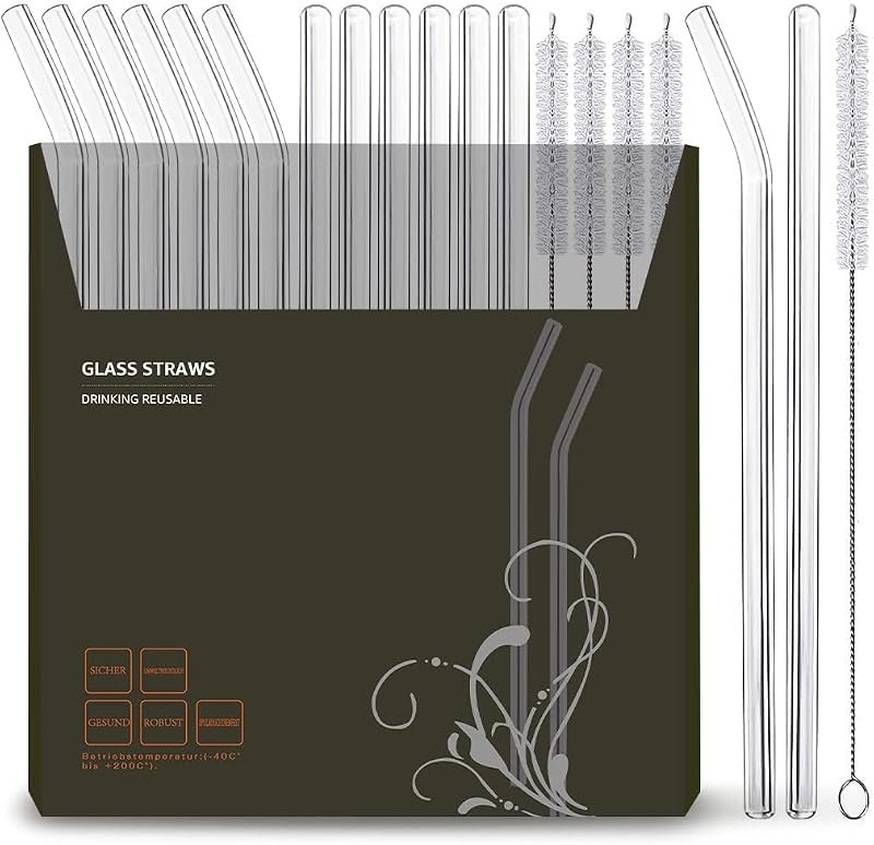 16 Pack Reusable Glass Straws, 6 Straight and 6 Bent with 4 Cleaning Brush — bent glass straw for bent glass straw
