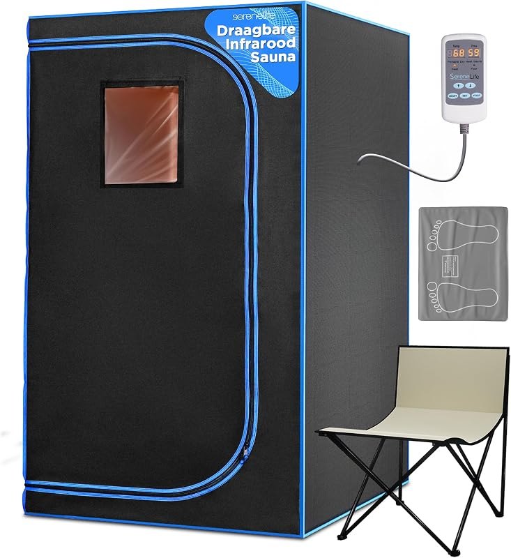 SereneLife Portable Sauna Box for Home, Infrared Sauna Tent with Heated Foot Pad and Folding Chair, Remote Control