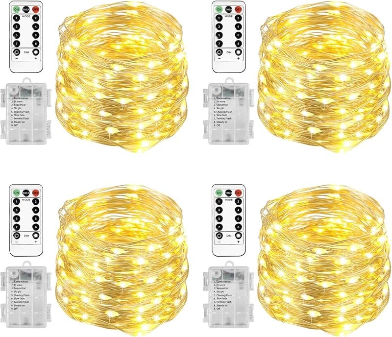 Homemory 4 Pack 20 Ft 60 LED Fairy Lights Battery Operated Christmas Lights with Remote Waterproof 8 Modes Firefly