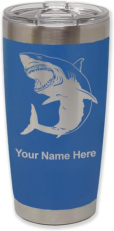 LaserGram Personalized 20oz Tumbler, Great White Shark (Dark Blue) — Insulated Stainless Steel Tumbler for insulated