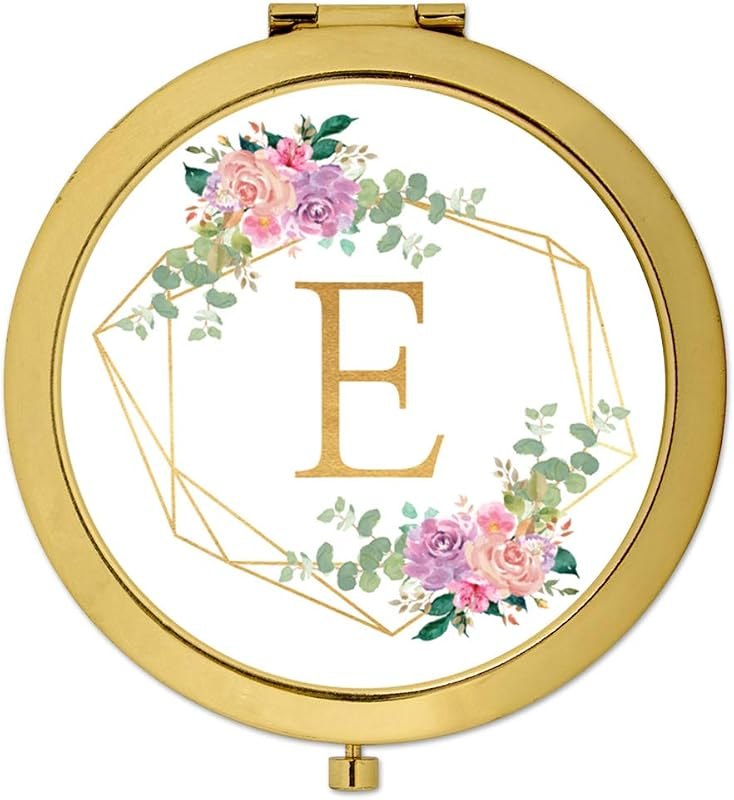 Gold Compact Mirror Bridesmaid's Gift, Monogram Initial Letter E, Geometric Gold Frame Pink Roses Florals, Wedding